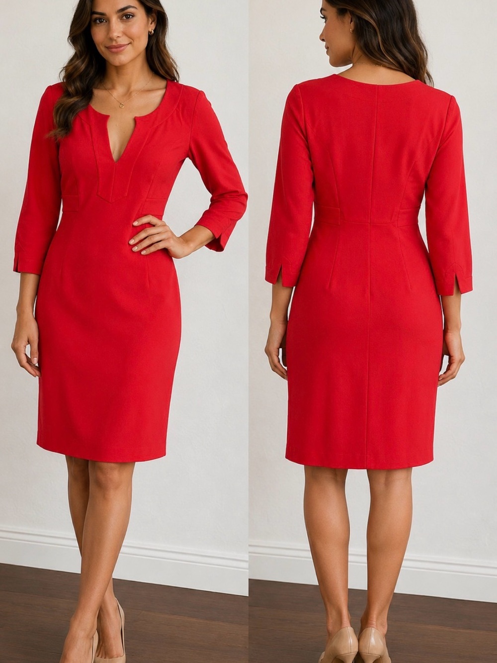 Diane von Furstenberg Red Sheath Dress Notch V-Neck Long Sleeve Dress Sz 8